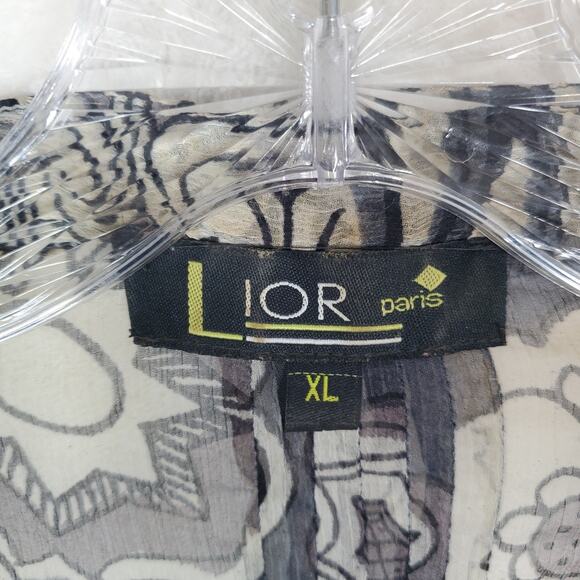 Lior Paris Floral Mixed Print Sheer Button Tunic Top Women Sz XL Sequin Beaded - Picture 3 of 12